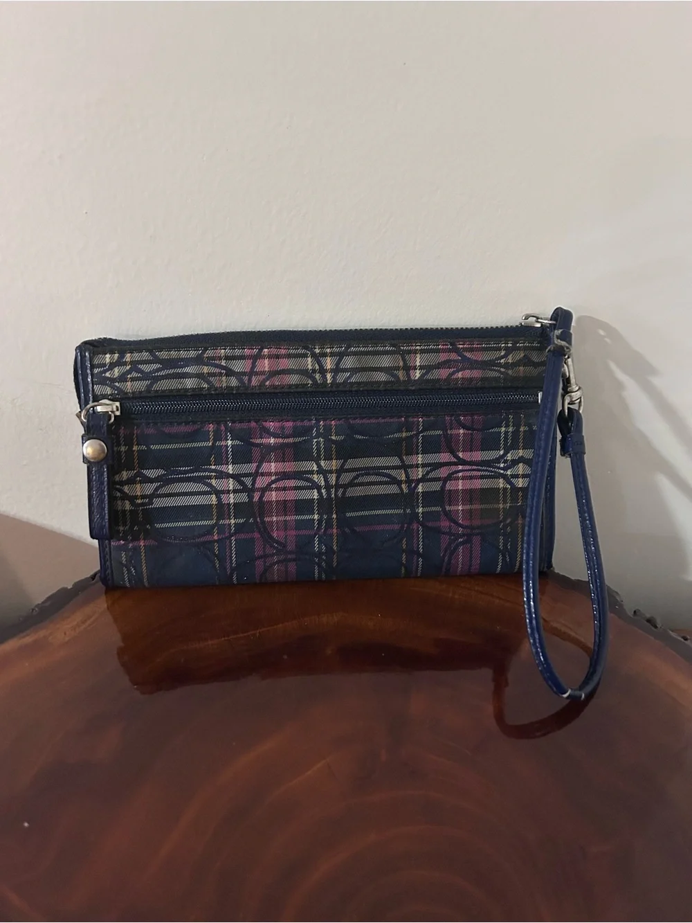 Coach Plaid Signature Wristlet in Navy with Pink & Cream Accents